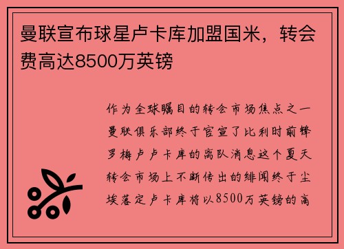 曼联宣布球星卢卡库加盟国米，转会费高达8500万英镑